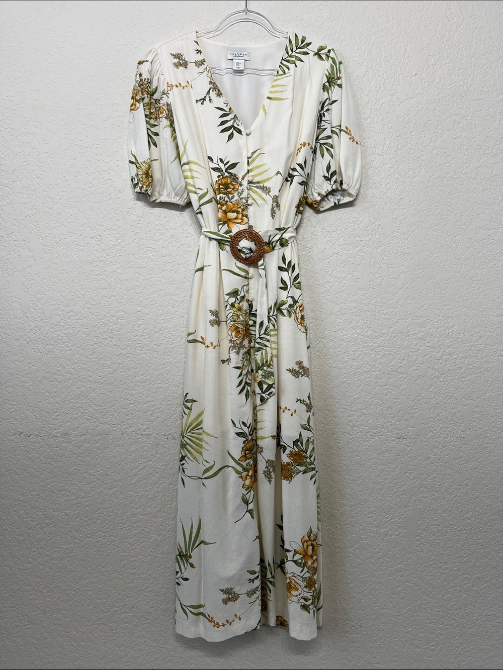 Calypso St. Barth Women’s XL Cream  Maxi Dress with Green Botanical Print